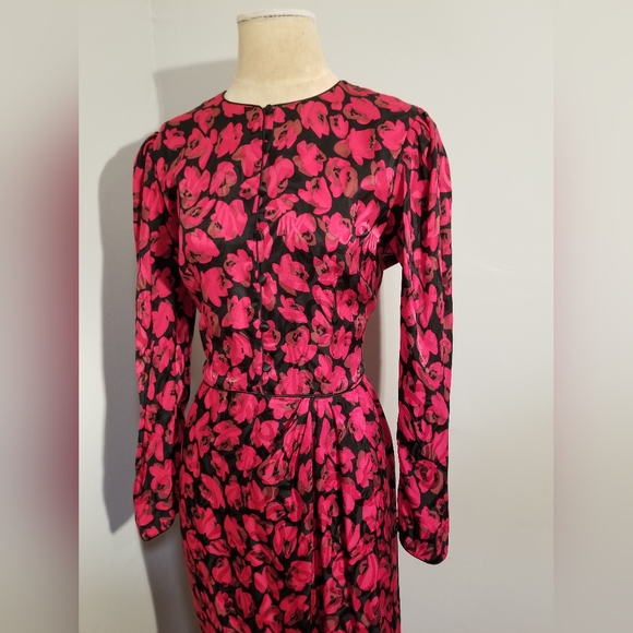 MAGGY LONDON BY JEANNENE BOOHER VINTAGE SILK RED BLACK FLORAL FAUX WRAP DRESS 12 - Picture 7 of 10